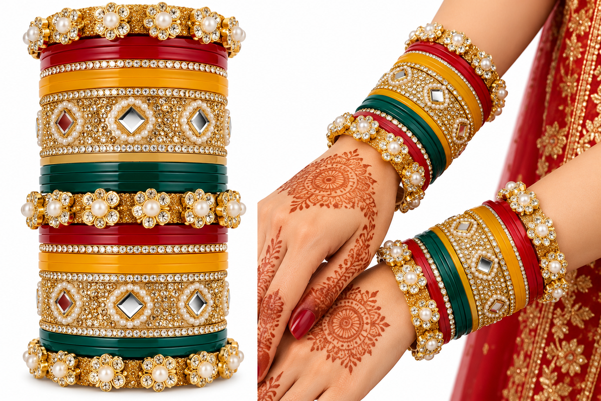 Personi Traditional Bridal Chura Set – Red, Yellow & Golden Designer Bangles