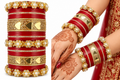 Traditional Bridal Chooda Set for Women – Red & Golden Bangles with Pearl and Stone Work