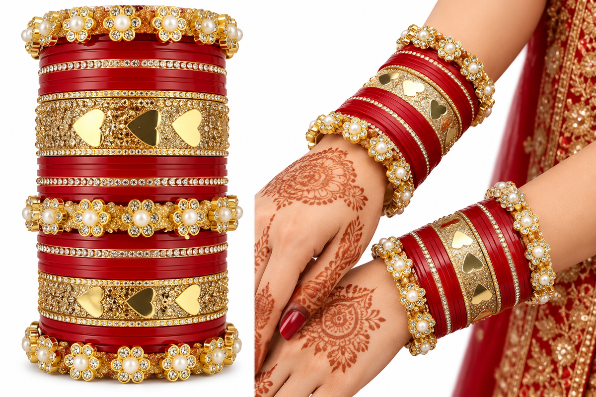 Traditional Bridal Chooda Set for Women – Red & Golden Bangles with Pearl and Stone Work