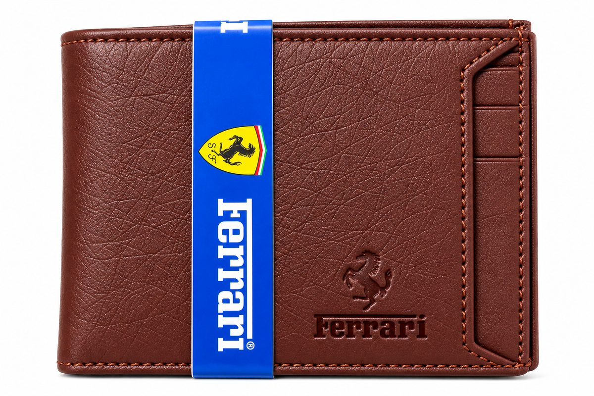 Premium Brown Leather Bi-Fold Wallet for Men – Stylish Ferrari Design