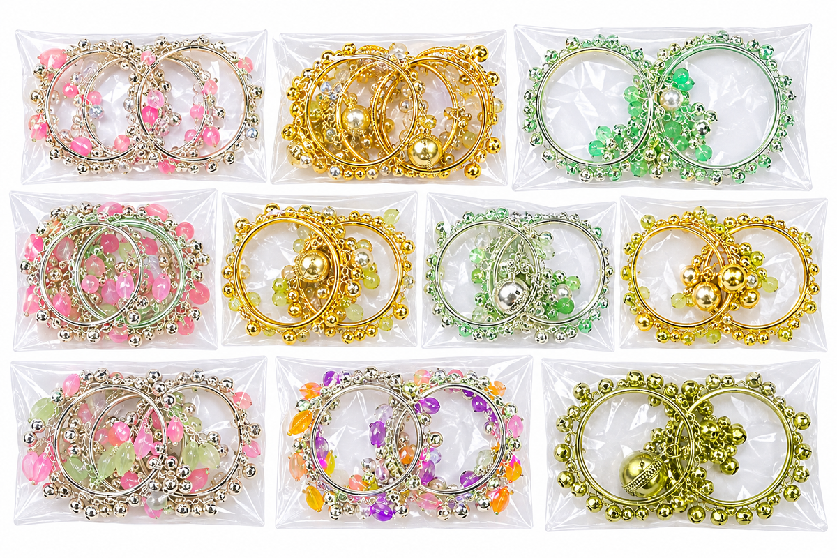 Women’s Traditional kashmiri Metal Bangles with Decorative Beads & Hanging Charms (set of 2)