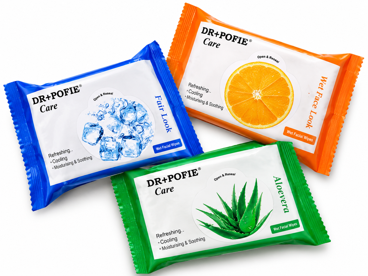 DR+POFIE Care Wet Facial Wipes Combo Pack of 3 – Orange, Aloe Vera & Fair Look