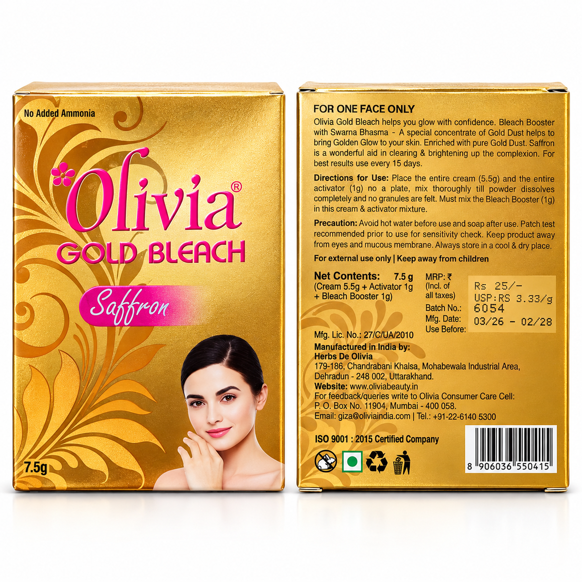 Olivia Gold Bleach Saffron 7.5g | No Added Ammonia | Golden Glow Facial Bleach Kit