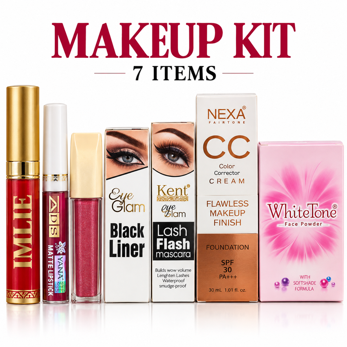 Makeup Kit for Women 7 Items Combo Set with Lipstick, Sindoor, Eyeliner, Black Liner, Mascara, Foundation and Face Powder
