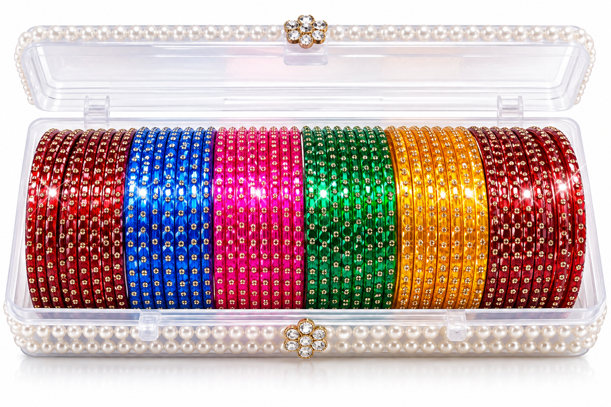 Multicolour Metal Bangles Set for Women – Traditional Stone-Studded Designer Chudi set of 4