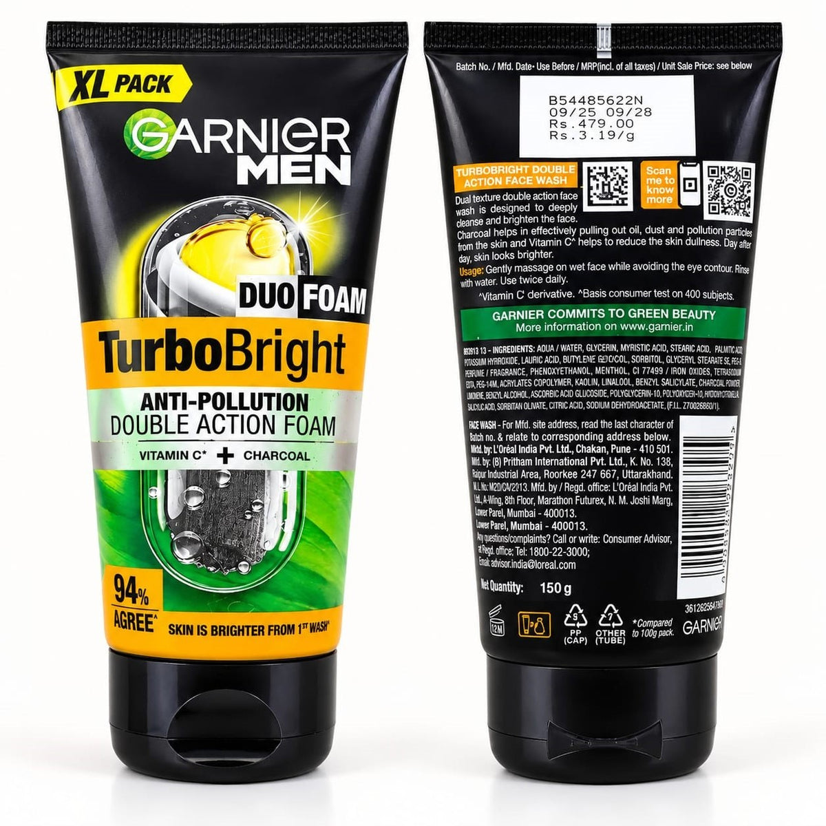 Garnier Men TurboBright Duo Foam Anti-Pollution Face Wash with Vitamin C & Charcoal, 150g (XL Pack)