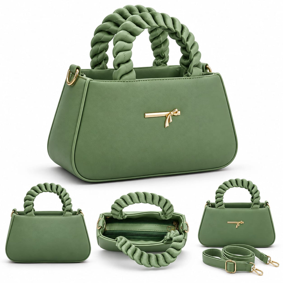 Sage Green Women’s Handbag with Braided Handles