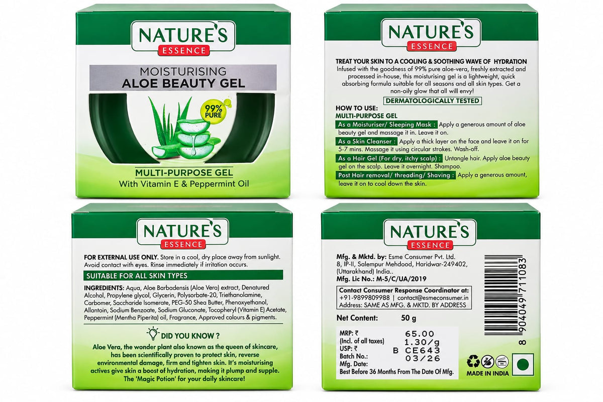 Nature’s Essence Moisturising Aloe Beauty Gel 50g | 99% Pure Aloe Vera | Multi-Purpose Gel with Vitamin E & Peppermint Oil