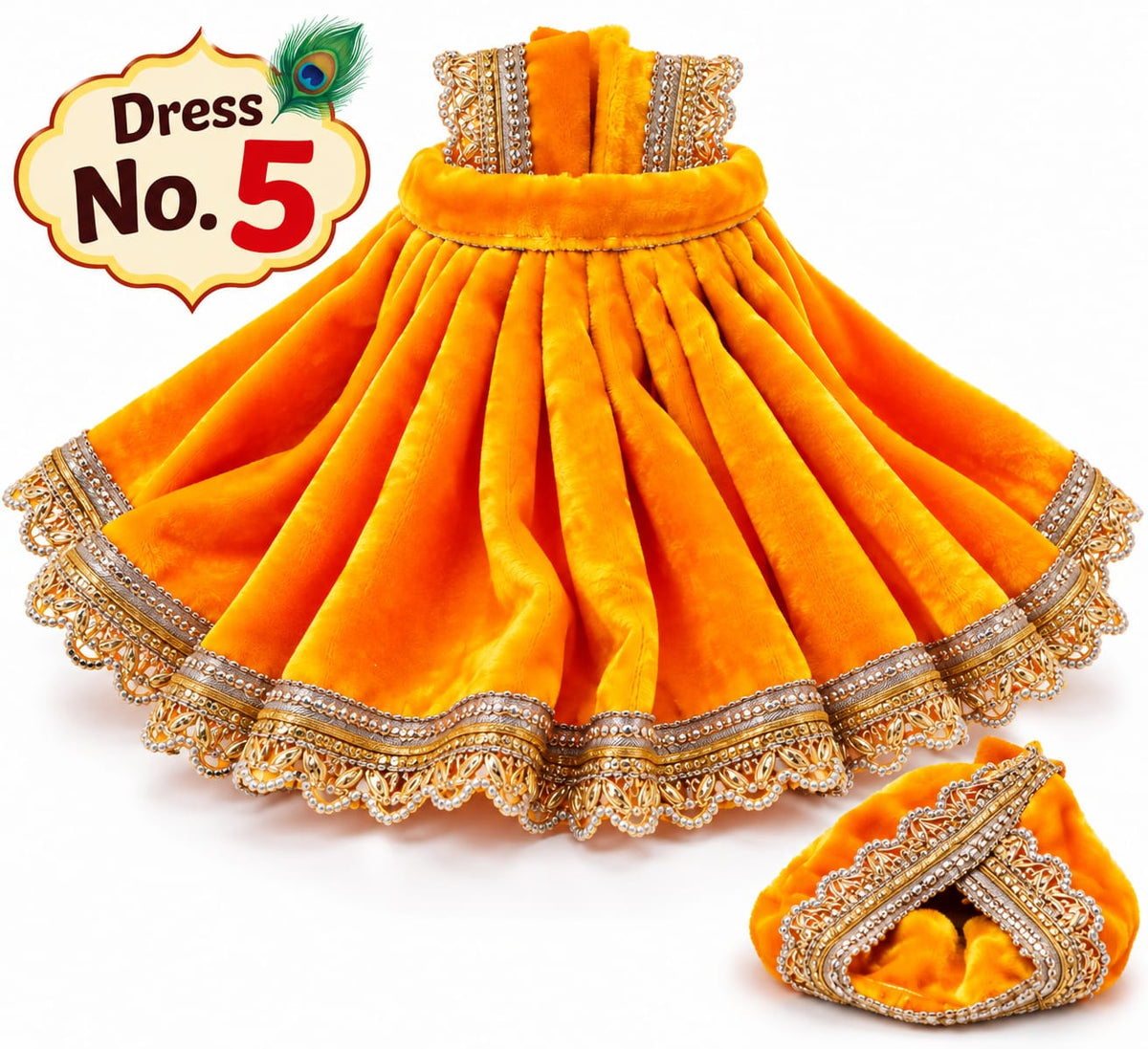 Laddu Gopal Dress No. 5 – Premium Orange Velvet Poshak with Golden Lace & Pearl Work