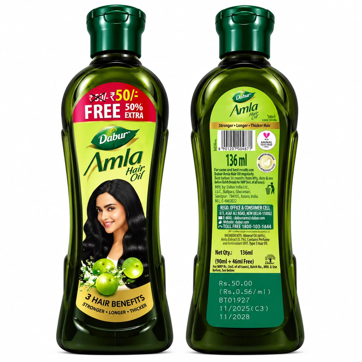 Dabur Amla Hair Oil 136 ml – Stronger, Longer & Thicker Looking Hair (90 ml + 46 ml Free)