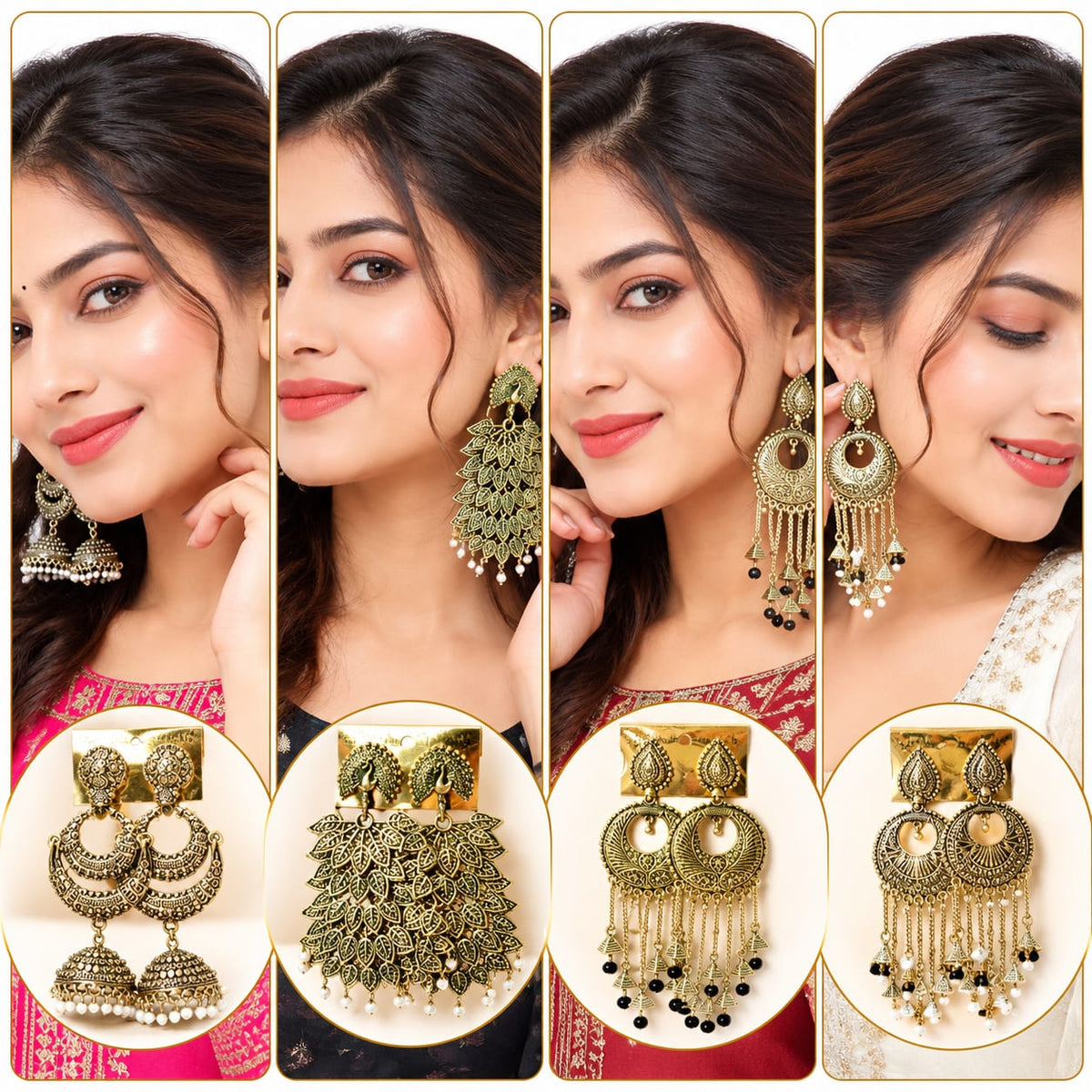 Women’s Traditional Antique Gold-Tone Jhumka Earrings Set