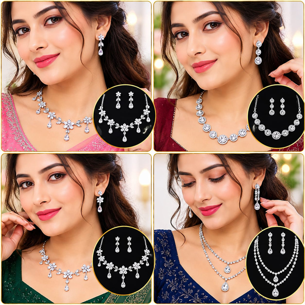 Women’s American Diamond Necklace Set with Matching Earrings | Silver-Tone