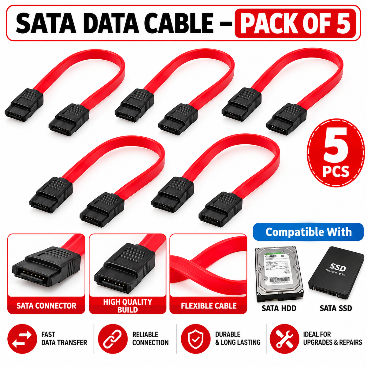 Pack of 5 Red SATA Data Cables for HDD, SSD & Desktop Computer | SATA HDD/SSD Data Connector Cable for PC Motherboard