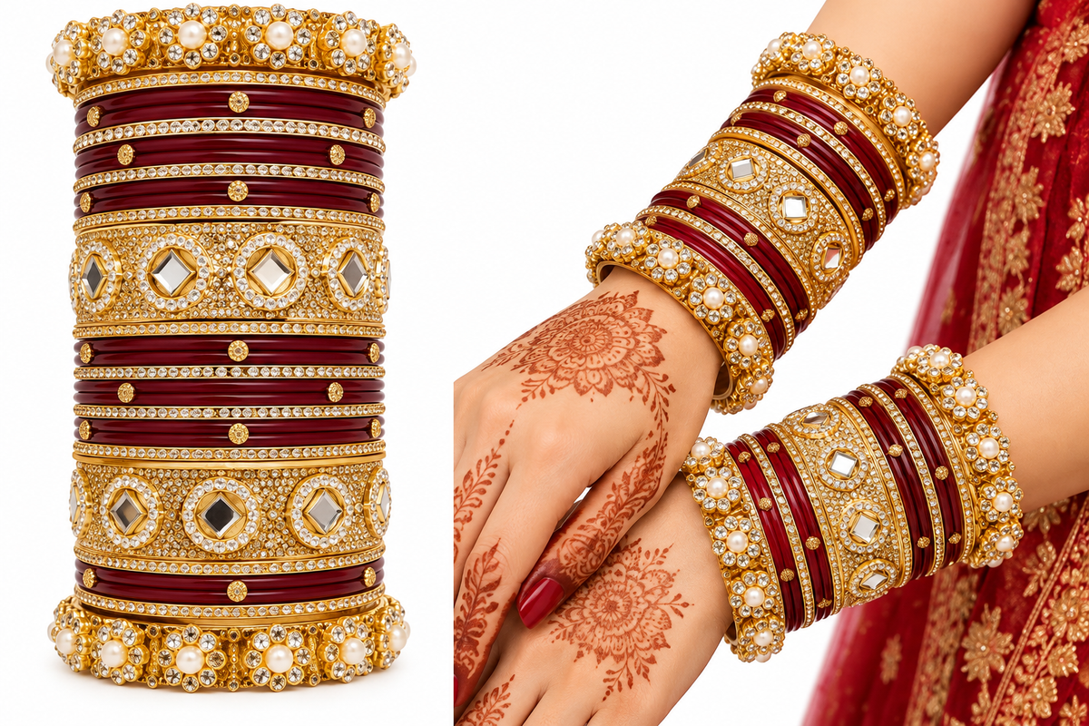 Traditional Red & Yellow Bridal Chura Set with Pearl and Golden Stone Work
